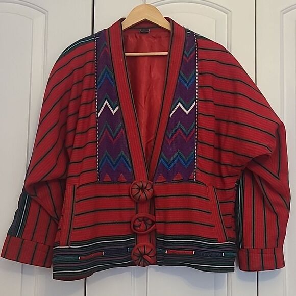 Guatamalan Woven Blanket Jacket Red Blue Green Purple One Size - Picture 1 of 10